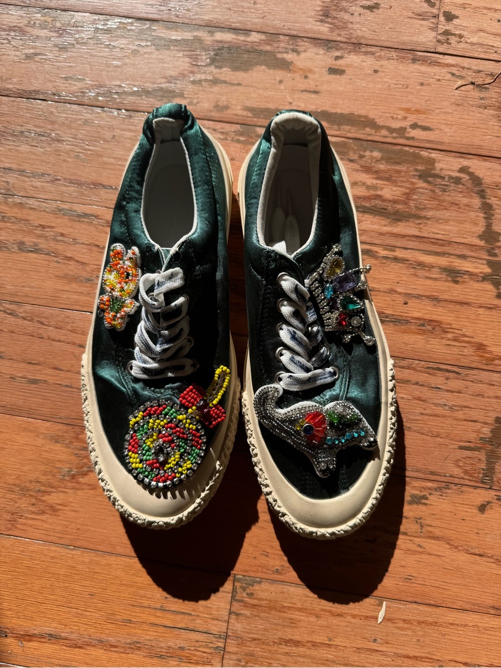 Embellished Green Satin Low-Top Sneakers
